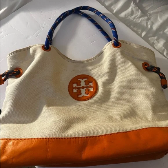 Tory Burch Beach Pool Bag Cream Canvas and Orange Leather - Picture 2 of 5